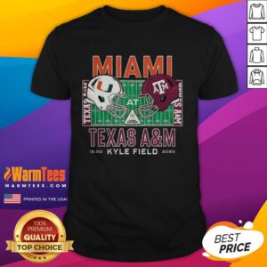 Top Miami Hurricanes Vs Texas A&M Aggies NCAA Kyle Field 2025 Helmet T-Shirt showcasing team logos and vibrant design.