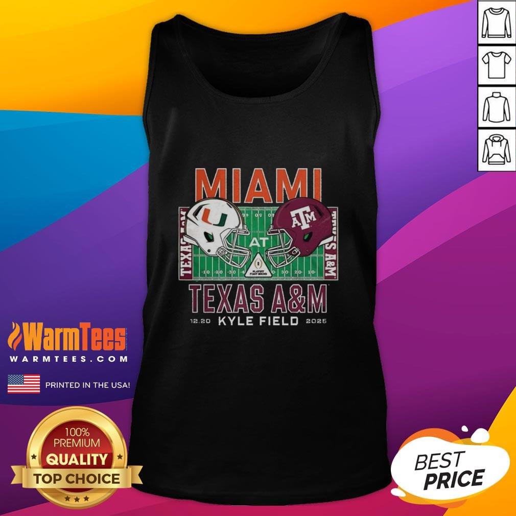 Alt Text: Top Miami Hurricanes vs Texas A&M Aggies NCAA 2025 tank top featuring team helmets at Kyle Field.