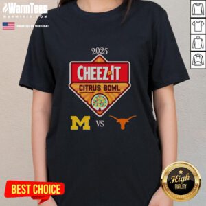 2025 Cheez-It Citrus Bowl ladies tee featuring Michigan Wolverines vs Texas Longhorns at Camping World Stadium.