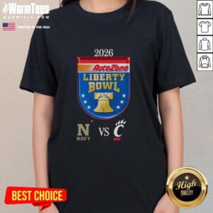 2026 Autozone Liberty Bowl matchup: Navy Midshipmen vs. Cincinnati Bearcats ladies tee featuring team logos and colors.
