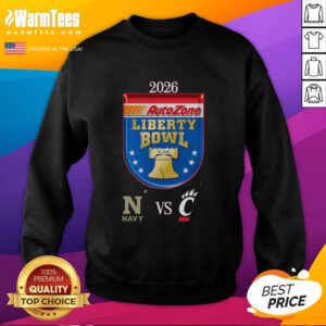Top Official Navy Midshipmen vs Cincinnati Bearcats 2026 AutoZone Liberty Bowl sweatshirt featuring team logos and colors.