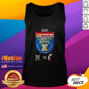 Top Official Navy Midshipmen vs Cincinnati Bearcats 2026 Autozone Liberty Bowl Matchup Tank Top design featuring team logos.