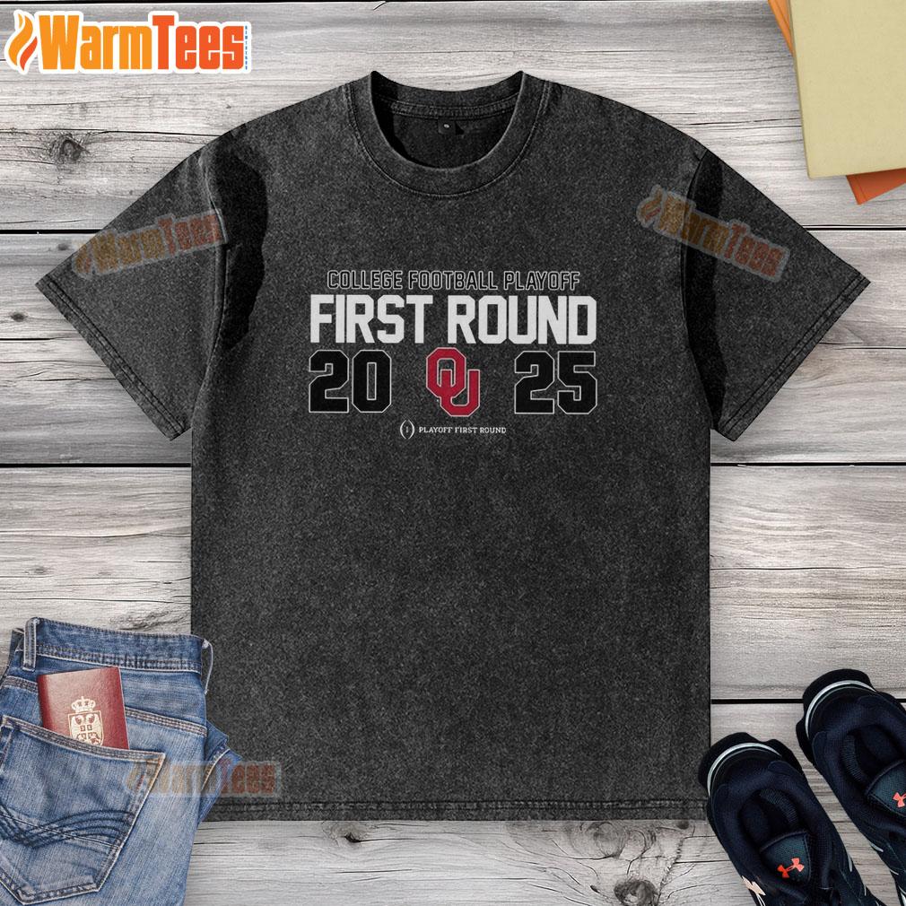 Alt Text: Oklahoma Sooners NCAA 2025 College Football Playoff First Round logo on a stylish washed t-shirt design.