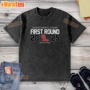 Top Ole Miss Rebels NCAA 2025 College Football Playoff First Round logo on a washed t-shirt, perfect for fans.