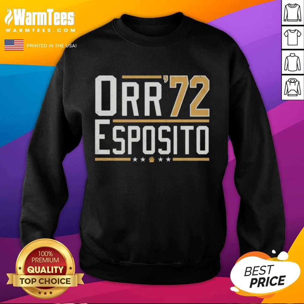 Alt Text: Top Orr Esposito 72 Bobby Orr Bruins Legends Sweatshirt featuring vintage design and team colors.