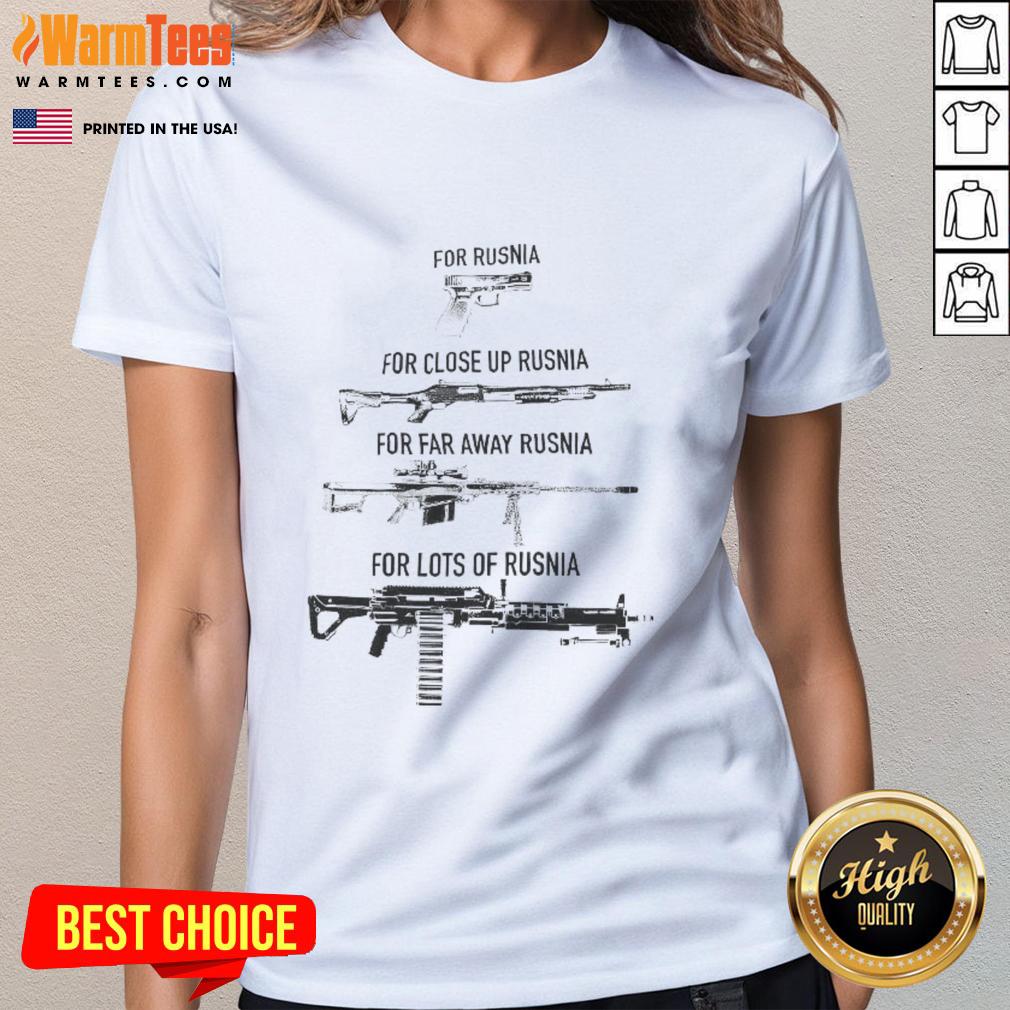 Awesome gun graphic on a tee featuring Rusnia design for close-up, far-away, and stylish looks for ladies.