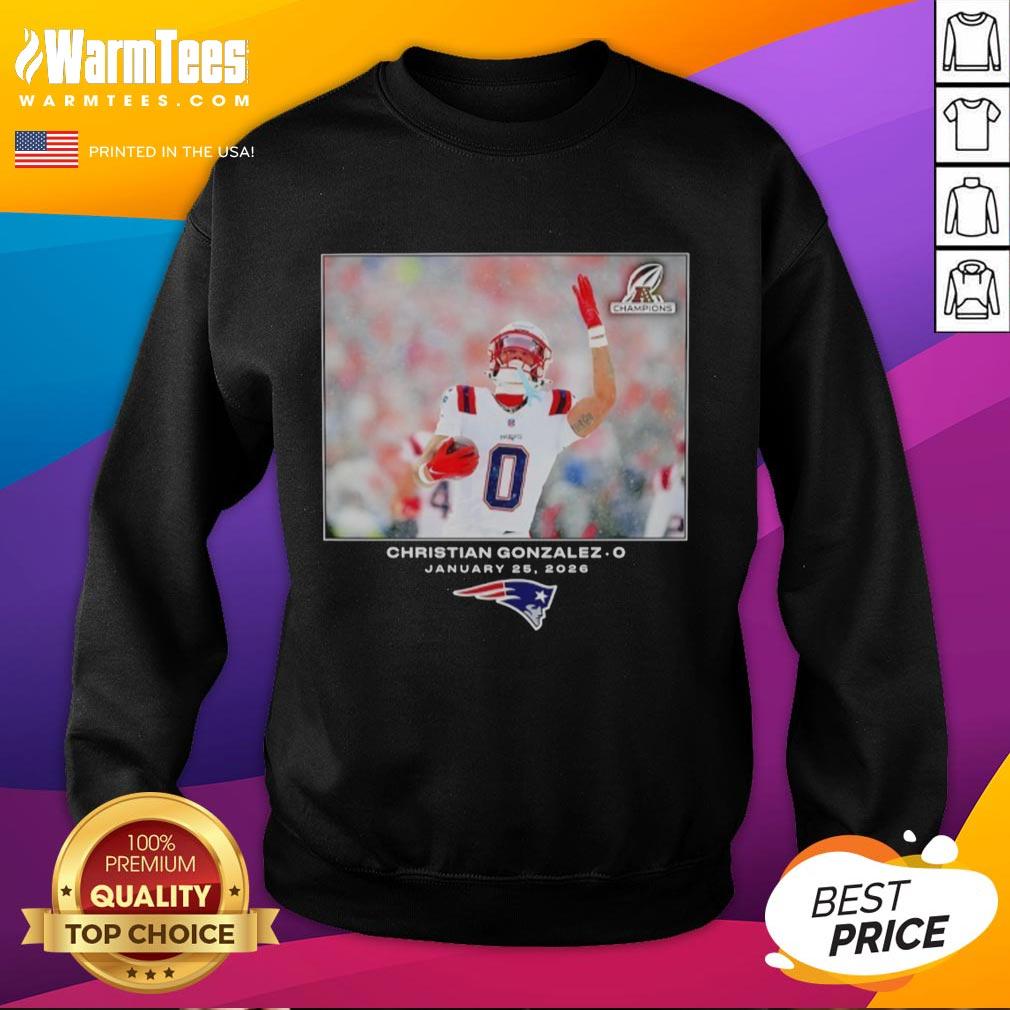 Christian Gonzalez NFL sweatshirt featuring New England Patriots design for Week 21, showcasing vibrant colors and team logo.