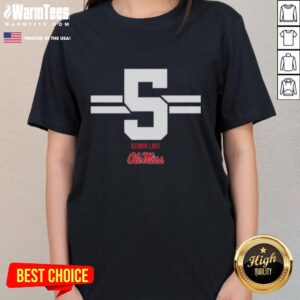 Alt Text: Awesome Ole Miss Rebels Football Kewan Lacy 5 Stripe Ladies Tee featuring team colors and stylish design.