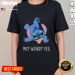Alt Text: Awesome Stitch Me Weird Yes Cartoon Ladies Tee featuring a quirky design perfect for fun-loving women.