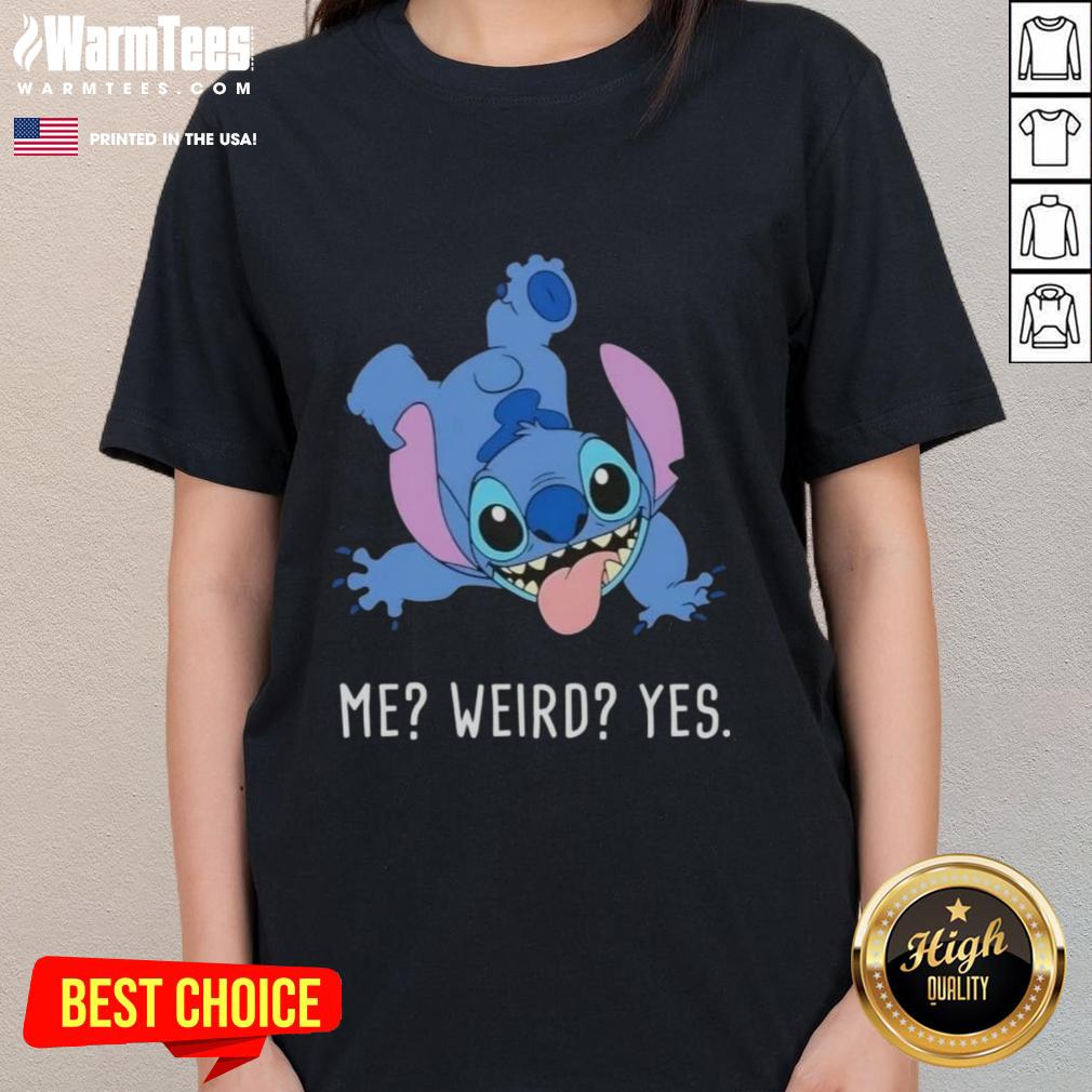 Alt Text: Awesome Stitch Me Weird Yes Cartoon Ladies Tee featuring a quirky design perfect for fun-loving women.