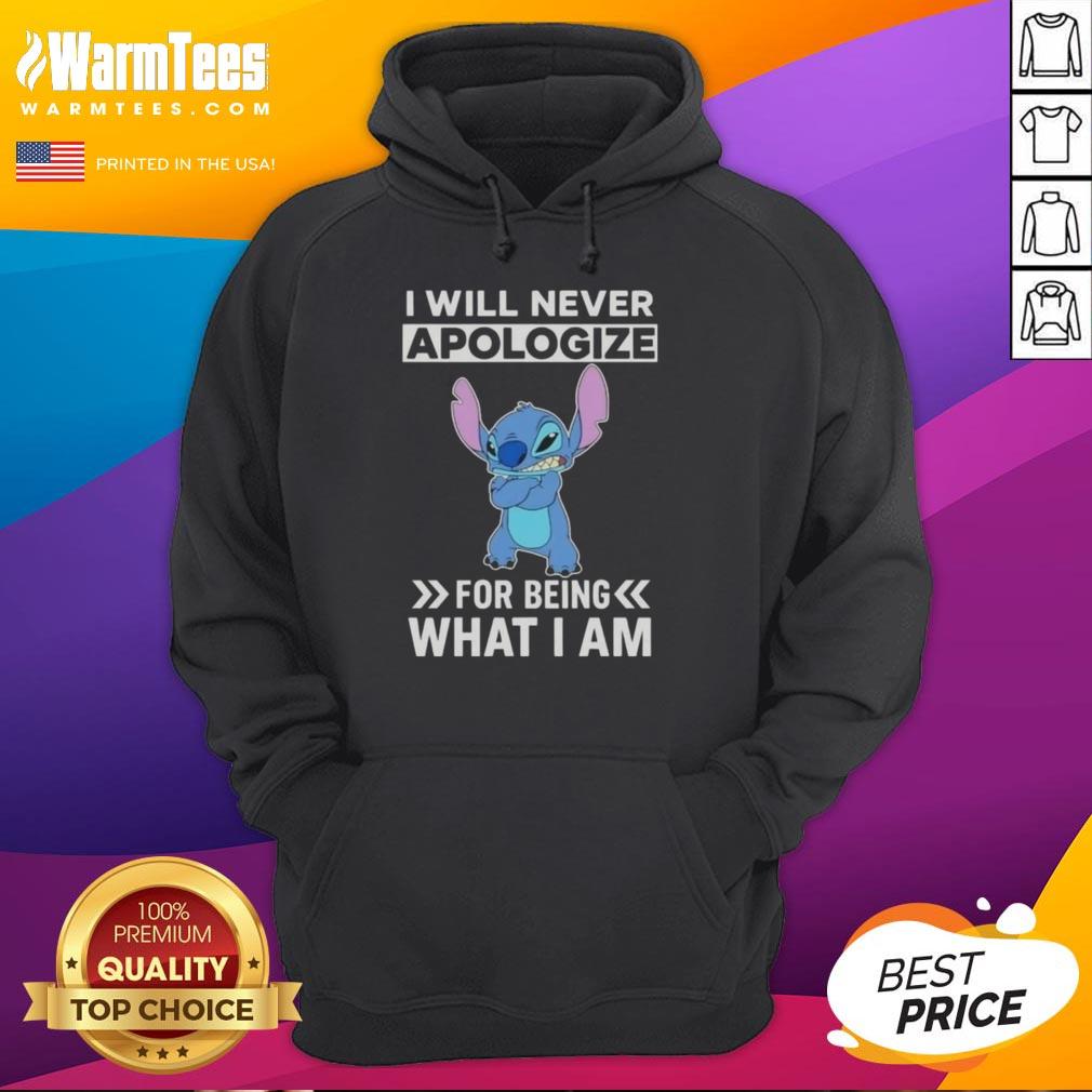 Alt Text: Cute Stitch hoodie featuring I Will Never Apologize For Being What I Am design, perfect for Disney fans.
