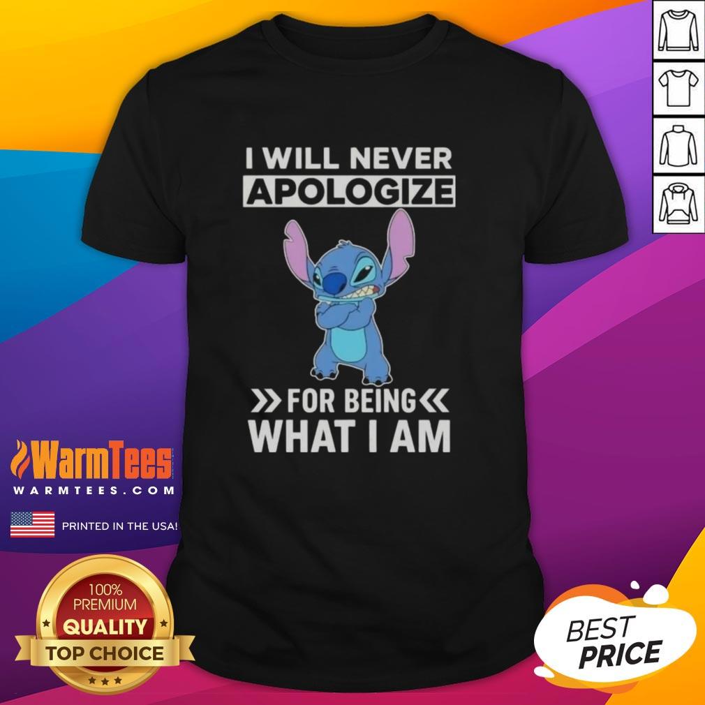 Alt Text: Cute Stitch I Will Never Apologize For Being What I Am T-Shirt featuring vibrant colors and playful design.