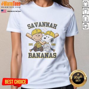 Alt Text: Funny Charlie Brown and Snoopy in Savannah Bananas outfit, celebrating their 2016 style on a ladies tee.