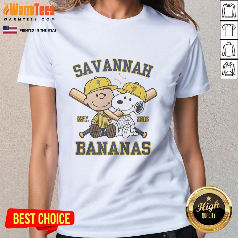 Alt Text: Funny Charlie Brown and Snoopy in Savannah Bananas outfit, celebrating their 2016 style on a ladies tee.