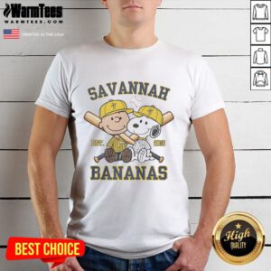 Alt Text: Funny Charlie Brown and Snoopy in Savannah Bananas outfit, celebrating Est 2016 on a vibrant t-shirt design.