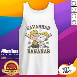 Funny Charlie Brown and Snoopy in Savannah Bananas outfit, wearing tank tops, celebrating the team's Est. 2016 spirit.