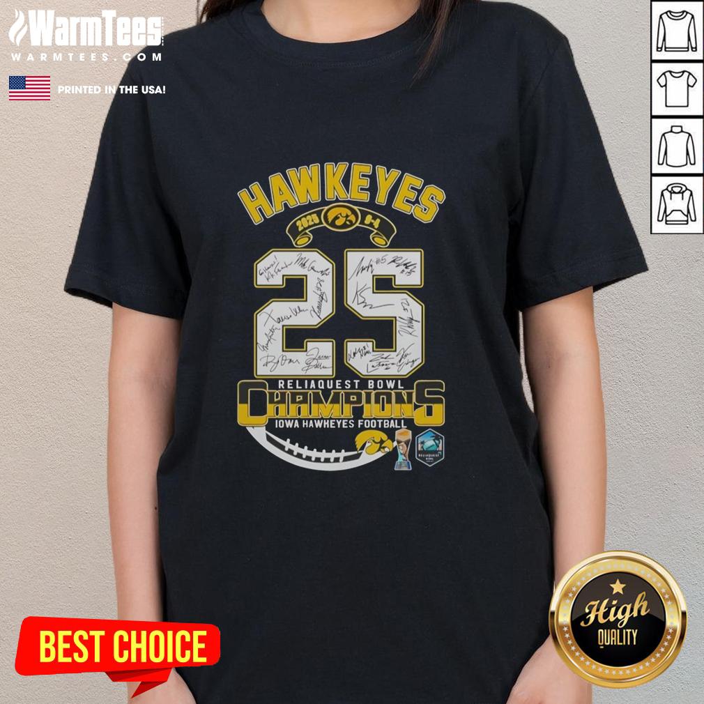 Funny Iowa Hawkeyes Reliaquest Bowl Champions 2025 ladies tee showcasing team spirit and humor in stylish design.