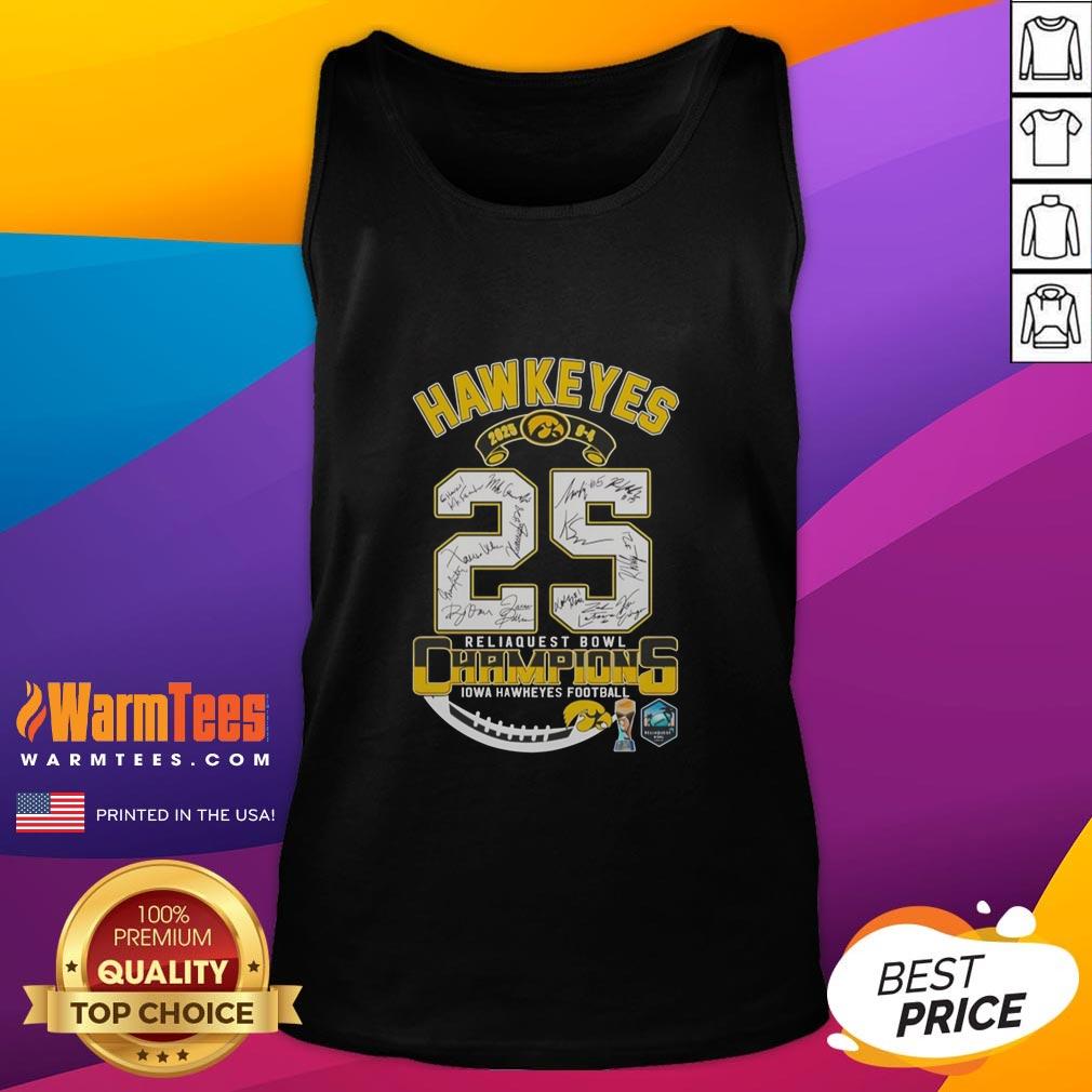 Alt Text: Funny Iowa Hawkeyes Reliaquest Bowl Champions 2025 tank top featuring a playful design celebrating the teams victory.