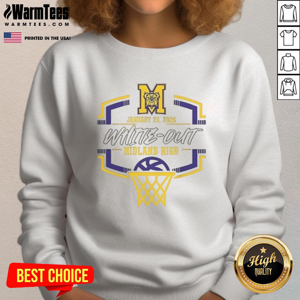 Funny Midland Bulldog basketball white-out sweatshirt design for Midland High 2026 with playful graphics and school spirit.