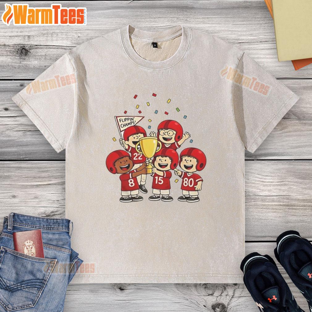 Funny Peanuts Flippin Champs t-shirt featuring a playful design, perfect for fans of the Peanuts comic strip.