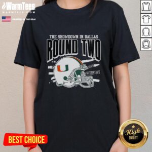 Miami Hurricanes NCAA CFP Round Two helmet on a ladies tee, featuring vibrant team colors and logo design.