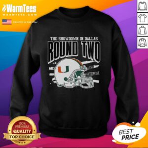 Miami Hurricanes NCAA CFP The Showdown in Dallas Round Two helmet sweatshirt showcasing team spirit and style.