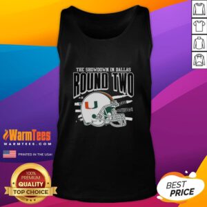 Good Miami Hurricanes NCAA CFP The Showdown in Dallas Round Two helmet tank top featuring team colors and logo.
