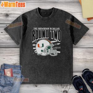 Miami Hurricanes NCAA CFP showdown in Dallas Round Two helmet washed T-shirt featuring team logo and vibrant colors.