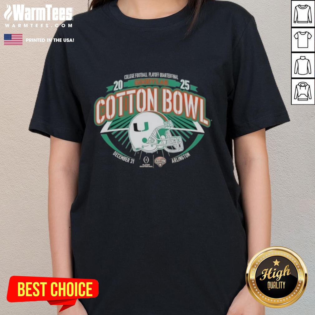 Alt Text: Ladies' tee featuring Miami Hurricanes Orange design for the 2025 College Football Playoff Cotton Bowl.