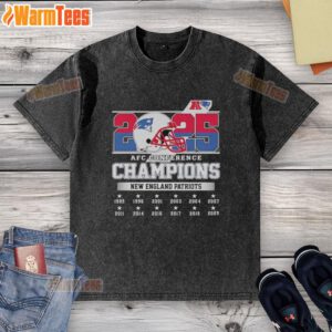 Alt Text: New England Patriots 2025 AFC Conference Champions helmet graphic on a washed t-shirt, perfect for fans.