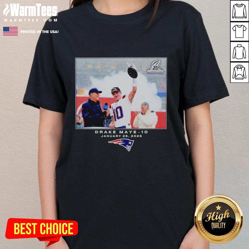 Drake Maye in a New England Patriots jersey, showcasing NFL 2026 style on a ladies tee, perfect for fans.