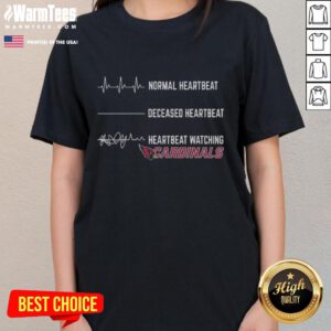 Good normal heartbeat vs deceased heartbeat graphic on Arizona Cardinals ladies tee shirt for sports fans.