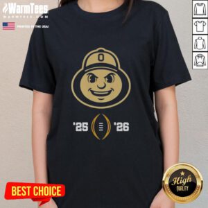 Good Ohio State Buckeyes mascot head design on a ladies tee for the 2025-2026 College Football Playoff.