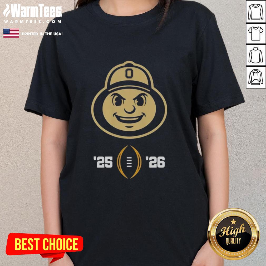 Good Ohio State Buckeyes mascot head design on a ladies tee for the 2025-2026 College Football Playoff.