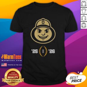 Ohio State Buckeyes mascot head on a 2025-2026 College Football Playoff T-shirt, perfect for fans and game day attire.