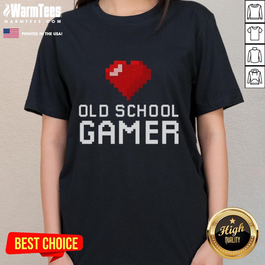 Good Old School Gamer Heart Ladies Tee featuring a retro gaming design, perfect for female gamers and vintage game lovers.