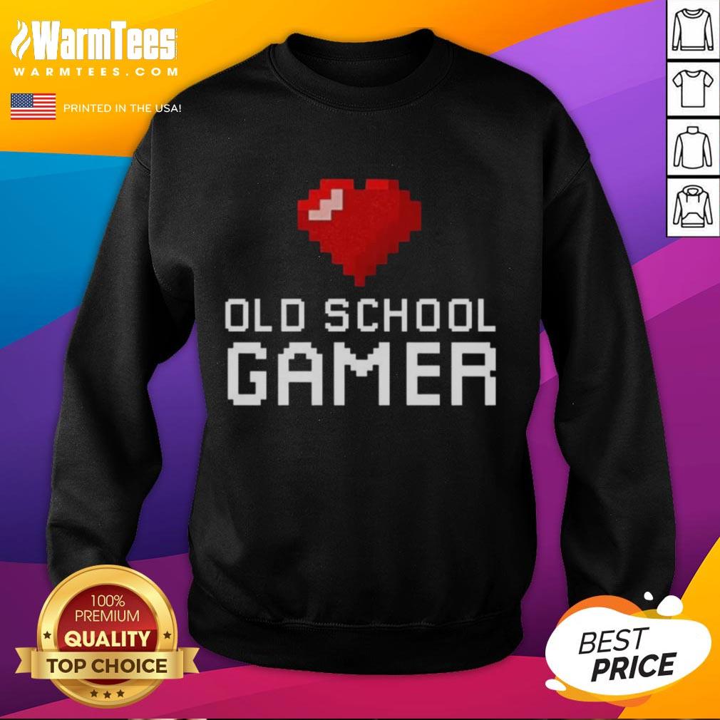 Good Old School Gamer Heart Sweatshirt featuring retro gaming graphics and a cozy design for nostalgic gamers.