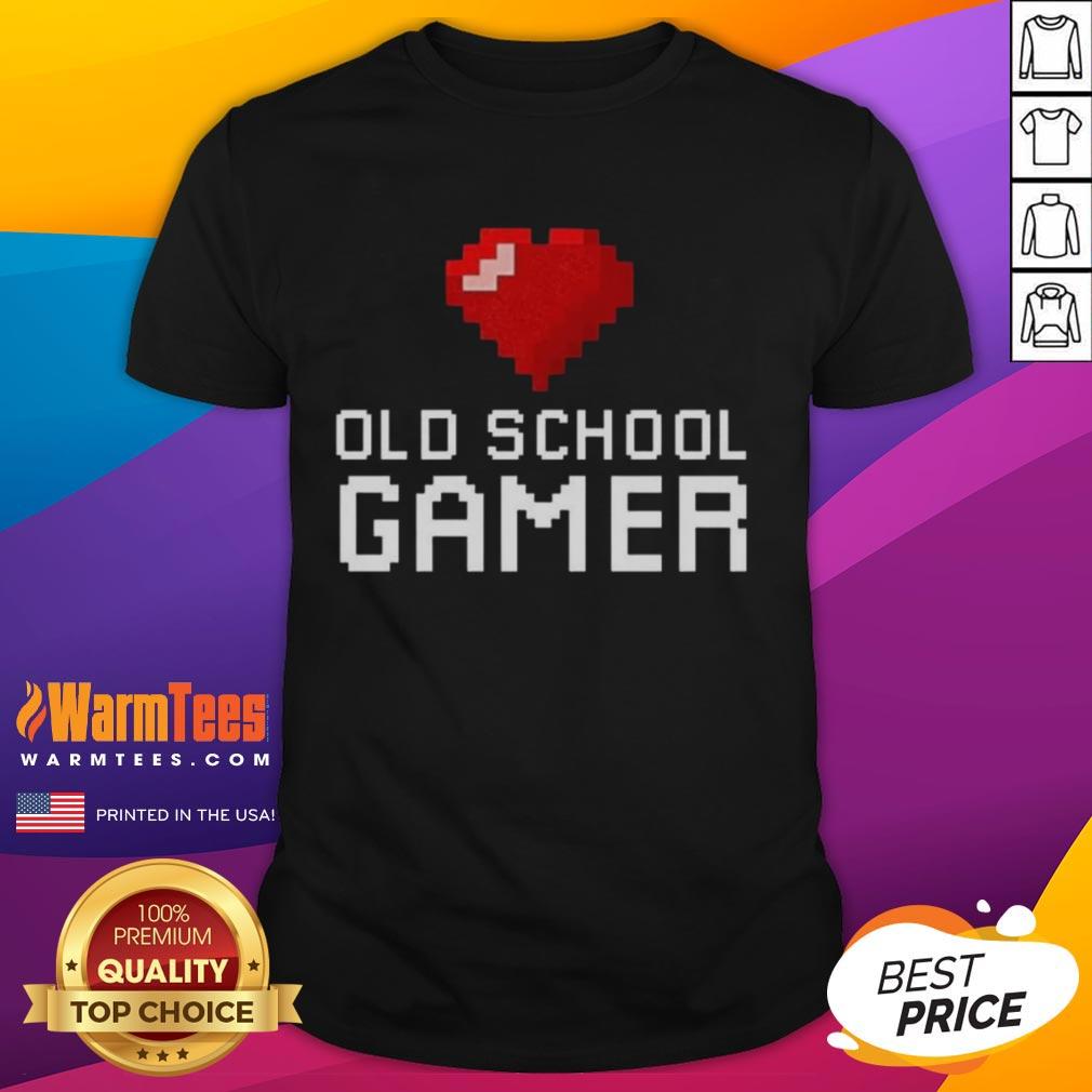 Good Old School Gamer Heart T-Shirt featuring a retro gaming design and vibrant colors, perfect for nostalgic gamers.