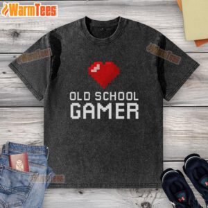 Good Old School Gamer Heart Washed T-Shirt featuring retro gaming graphics and a vintage-style design for gaming enthusiasts.