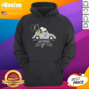 Good Snoopy driving a car in a San Antonio Spurs basketball hoodie, showcasing team spirit and fun style.