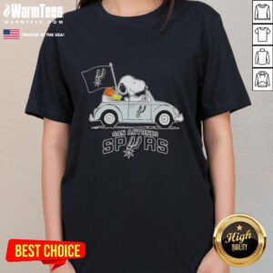 Alt Text: Snoopy driving a car in a San Antonio Spurs basketball themed ladies tee, perfect for sports fans.