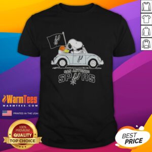 Good Snoopy driving a car on San Antonio Spurs basketball T-shirt, showcasing a fun and sporty design for fans.