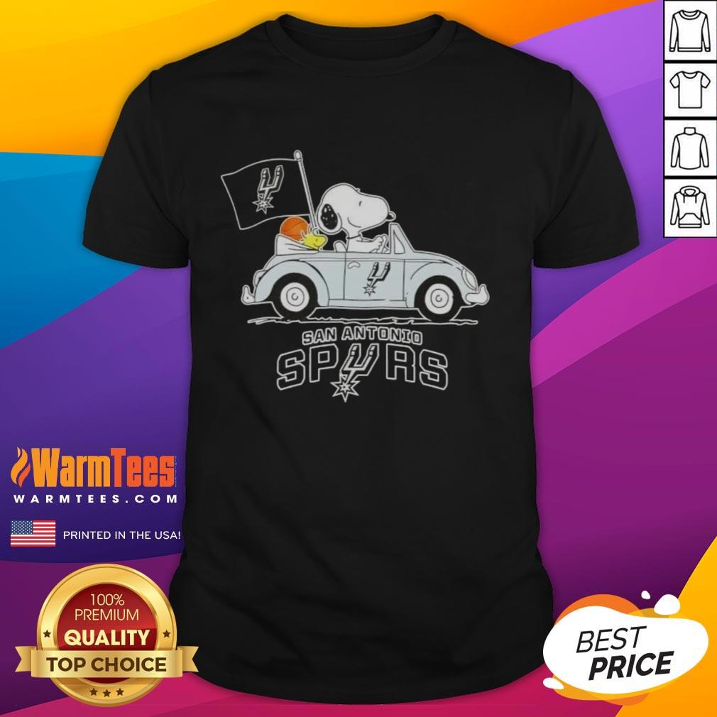 Good Snoopy driving a car on San Antonio Spurs basketball T-shirt, showcasing a fun and sporty design for fans.