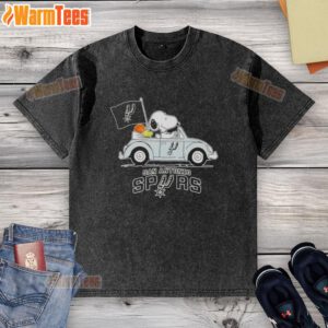 Alt Text: Good Snoopy driving a car in San Antonio Spurs basketball washed t-shirt, showcasing fun sports-themed fashion.