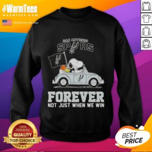 Good Snoopy driving a car in a San Antonio Spurs sweatshirt, showcasing team spirit and humor, not just for wins.