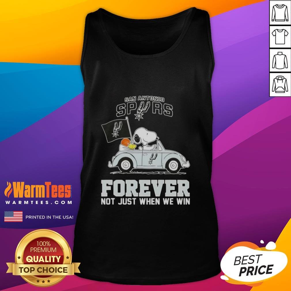 Good Snoopy driving a car in a San Antonio Spurs tank top, showcasing team spirit, 'Forever, Not Just When We Win.'