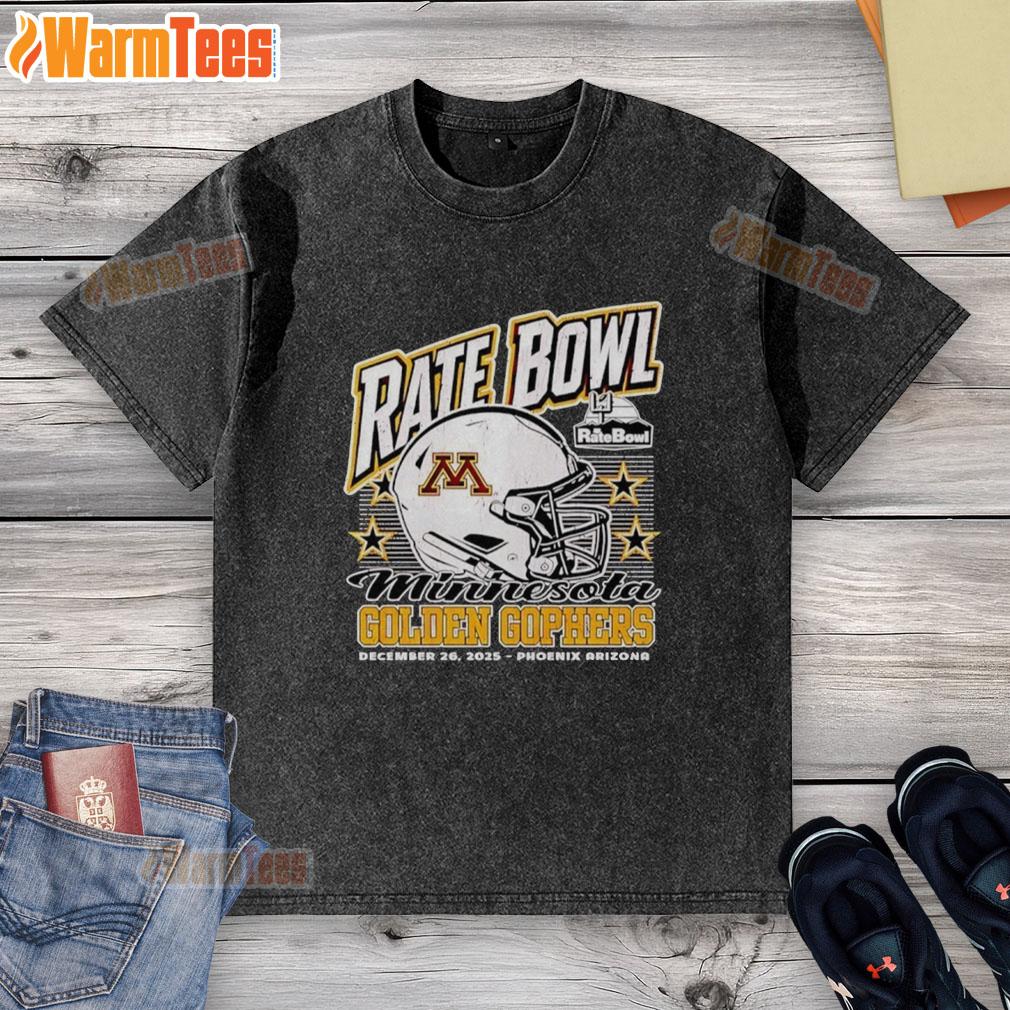 Hot Minnesota Golden Gophers 2025 Rate Bowl helmet and washed T-shirt displayed in Phoenix, Arizona.