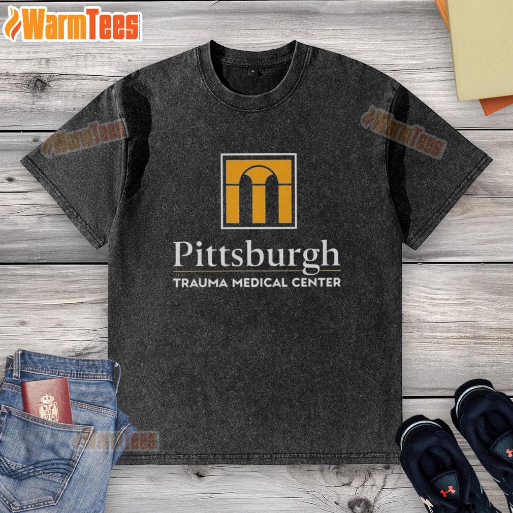 Alt Text: Hot Pittsburgh Trauma Medical Center logo on a washed T-shirt, showcasing a stylish and comfortable design for fans.