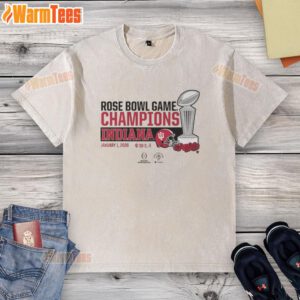 Nice Indiana Football CFP Rose Bowl Champions Trophy washed t-shirt featuring vibrant colors and team logo.