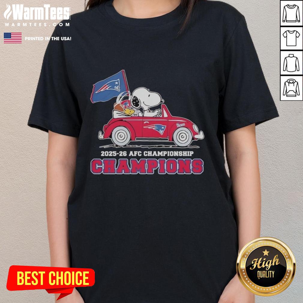 Alt Text: Snoopy and Woodstock celebrate in a New England Patriots car for the AFC Championship 2025-26 on a ladies' tee.